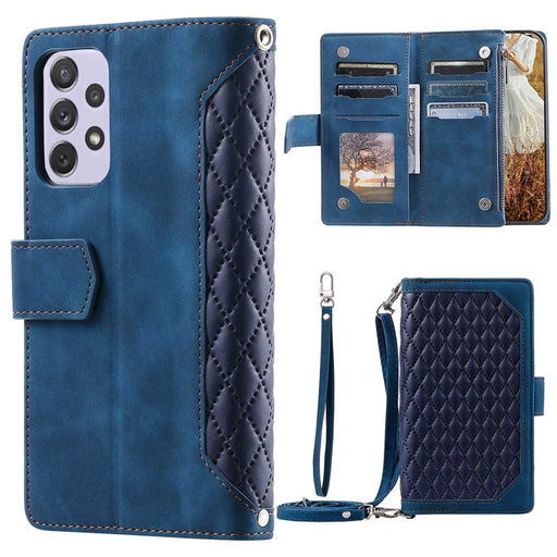 005 Style For Samsung Galaxy A52 4G / 5G / A52s 5G, Rhombus Texture PU Leather Stand Phone Case Zipper Pocket Wallet Style Shell with Strap - Blue - 1