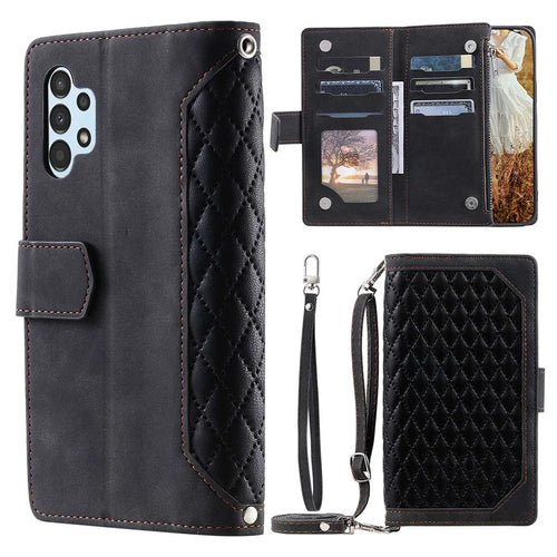For Samsung Galaxy A13 4G / 5G / A04s 4G (164.7mm) Zipper Pocket Multiple Card Slots Leather Case Rhombus Texture Phone Cover with Strap - Black - 1