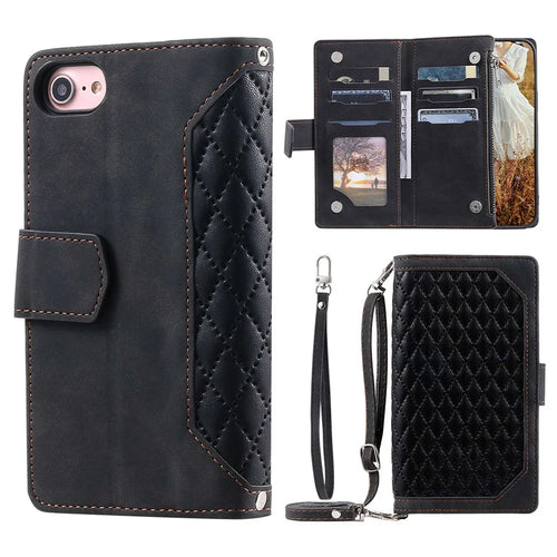 For iPhone 7 / 8 4.7 inch / iPhone SE (2022) / SE (2020) 005 Style Zipper Pocket Rhombus Texture Leather Wallet Stand Phone Case with Shoulder Strap and Hand Strap - Black - 1