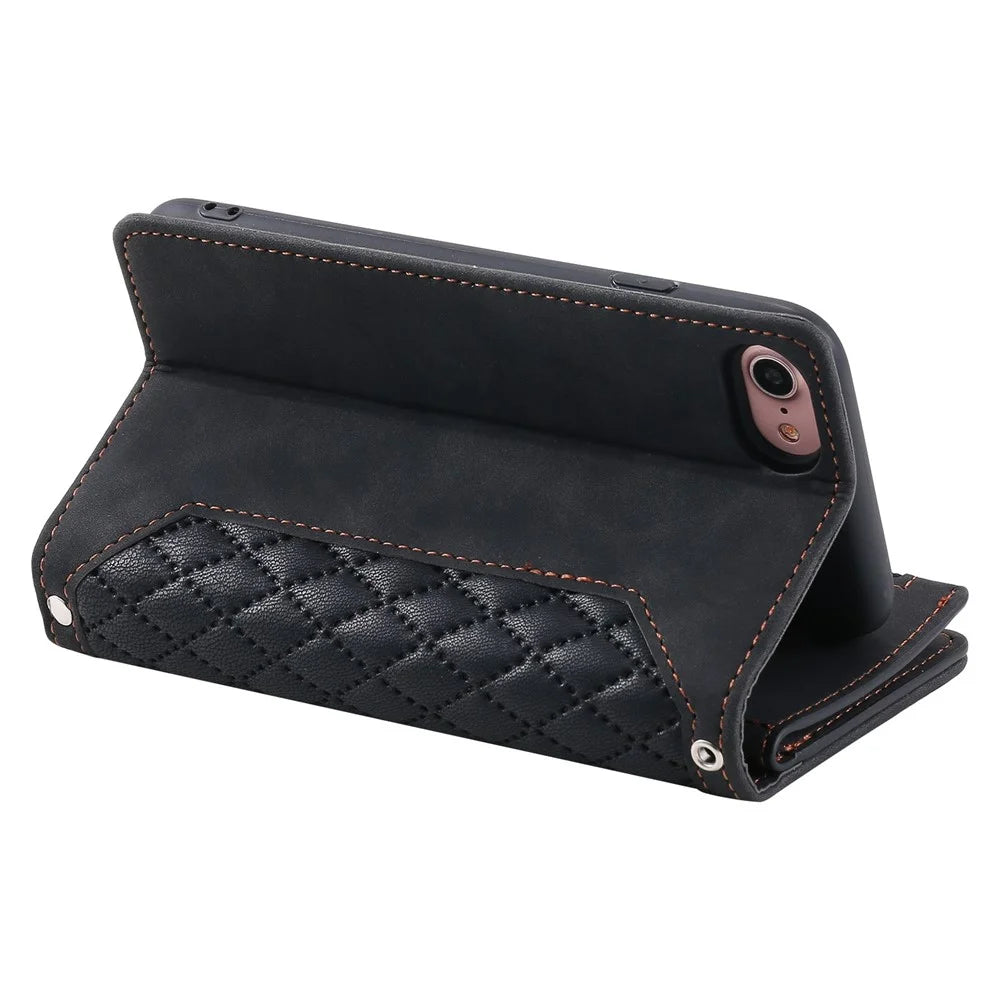 For iPhone 7 / 8 4.7 inch / iPhone SE (2022) / SE (2020) 005 Style Zipper Pocket Rhombus Texture Leather Wallet Stand Phone Case with Shoulder Strap and Hand Strap - Black - 3