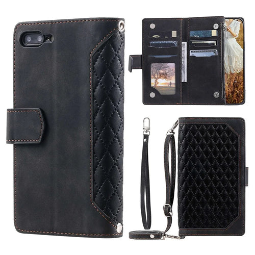 For iPhone 7 Plus / 8 Plus 5.5 inch 005 Style Zipper Pocket Leather Rhombus Texture Cover Multiple Card Slots Phone Case with Shoulder Strap and Hand Strap - Black - 1
