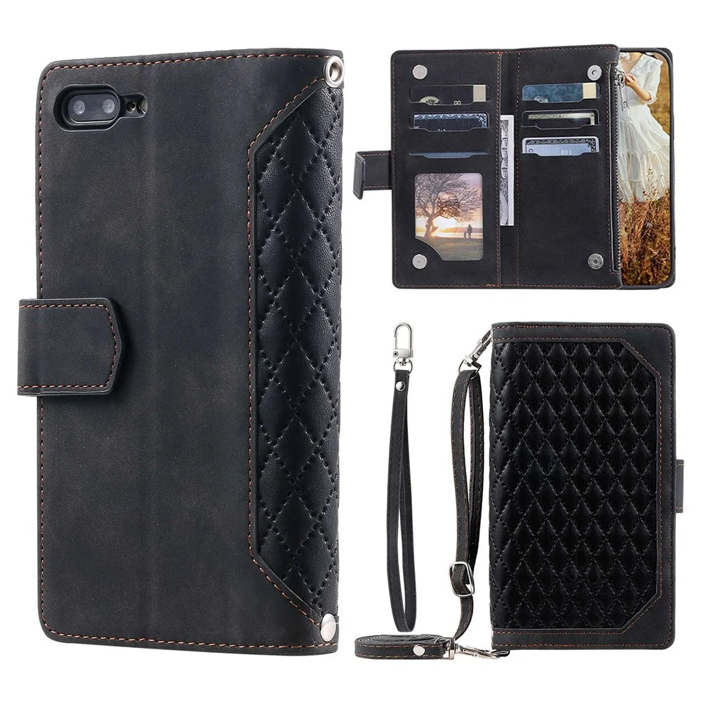 For iPhone 7 Plus / 8 Plus 5.5 inch 005 Style Zipper Pocket Leather Rhombus Texture Cover Multiple Card Slots Phone Case with Shoulder Strap and Hand Strap - Black - 1
