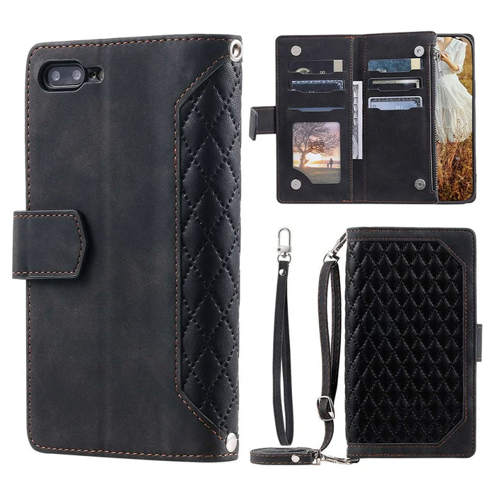 For iPhone 7 Plus / 8 Plus 5.5 inch 005 Style Zipper Pocket Leather Rhombus Texture Cover Multiple Card Slots Phone Case with Shoulder Strap and Hand Strap - Black - 1