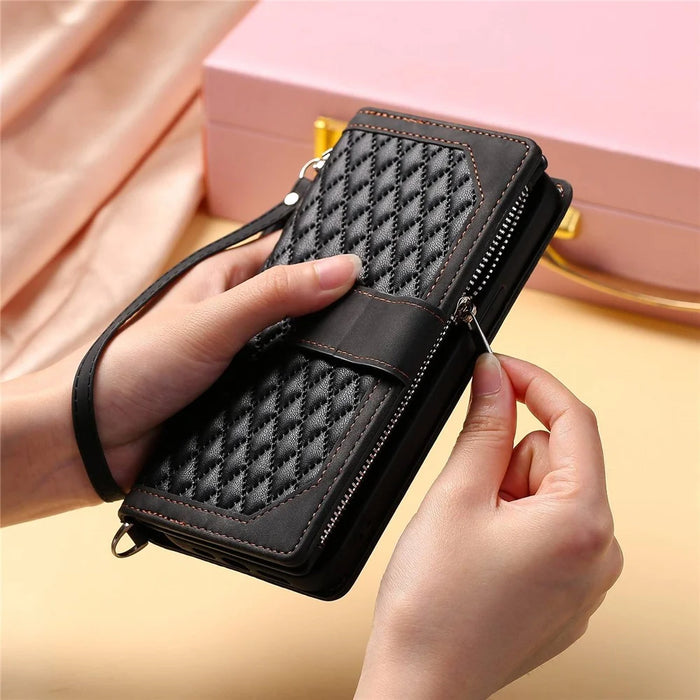 For iPhone 7 Plus / 8 Plus 5.5 inch 005 Style Zipper Pocket Leather Rhombus Texture Cover Multiple Card Slots Phone Case with Shoulder Strap and Hand Strap - Black - 7