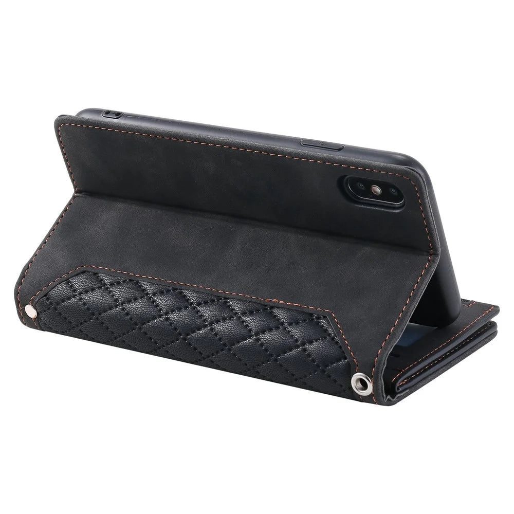 Rhombus Texture Phone Case for iPhone X / XS 5.8 inch, 005 Style Multiple Card Slots Zipper Pocket PU Leather Cover with Shoulder Strap and Hand Strap - Black - 3