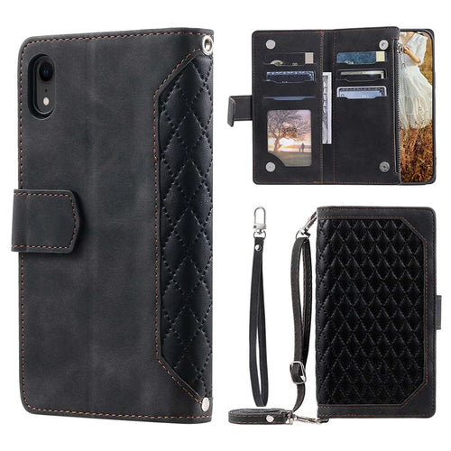 Zipper Pocket Leather Phone Cover for iPhone XR 6.1 inch, 005 Style Rhombus Texture Multiple Card Slots Stand Case with Shoulder Strap and Hand Strap - Black - 1
