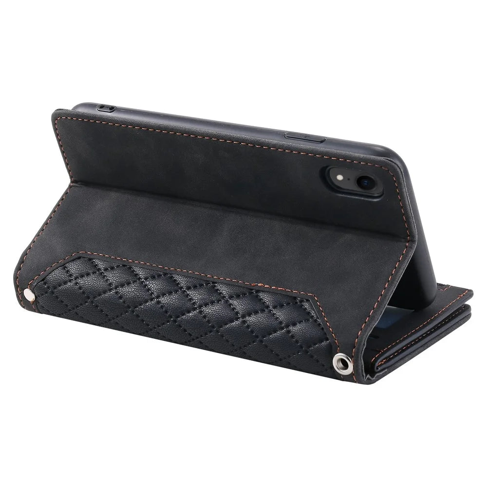Zipper Pocket Leather Phone Cover for iPhone XR 6.1 inch, 005 Style Rhombus Texture Multiple Card Slots Stand Case with Shoulder Strap and Hand Strap - Black - 3