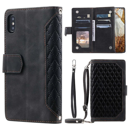 Zipper Pocket Leather Case for iPhone XS Max 6.5 inch, 005 Style Rhombus Texture Stand Shockproof Phone Cover with Shoulder Strap and Hand Strap - Black - 1
