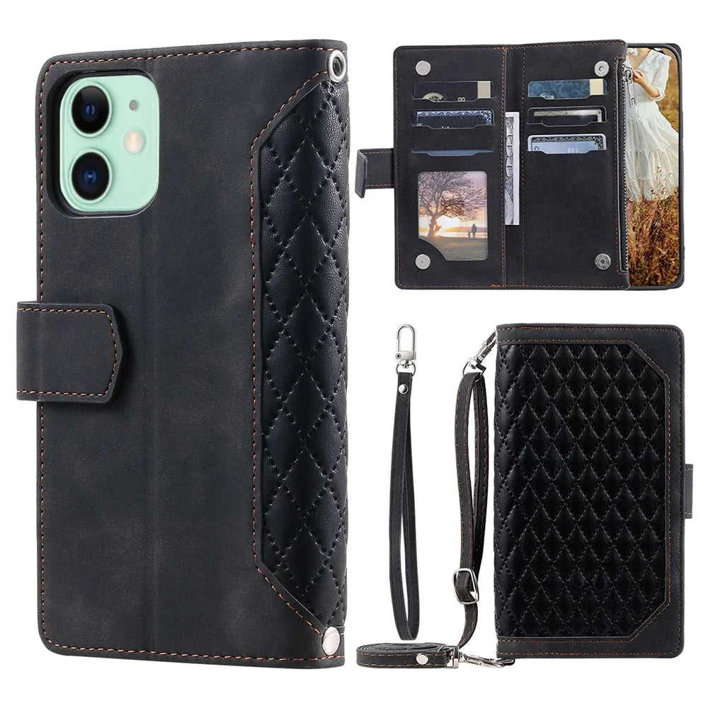 For iPhone 11 6.1 inch 005 Style Drop-proof Rhombus Texture Leather Wallet Cover Stand Zipper Pocket Phone Case with Shoulder Strap and Hand Strap - Black - 1