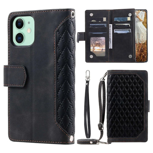 For iPhone 11 6.1 inch 005 Style Drop-proof Rhombus Texture Leather Wallet Cover Stand Zipper Pocket Phone Case with Shoulder Strap and Hand Strap - Black - 1