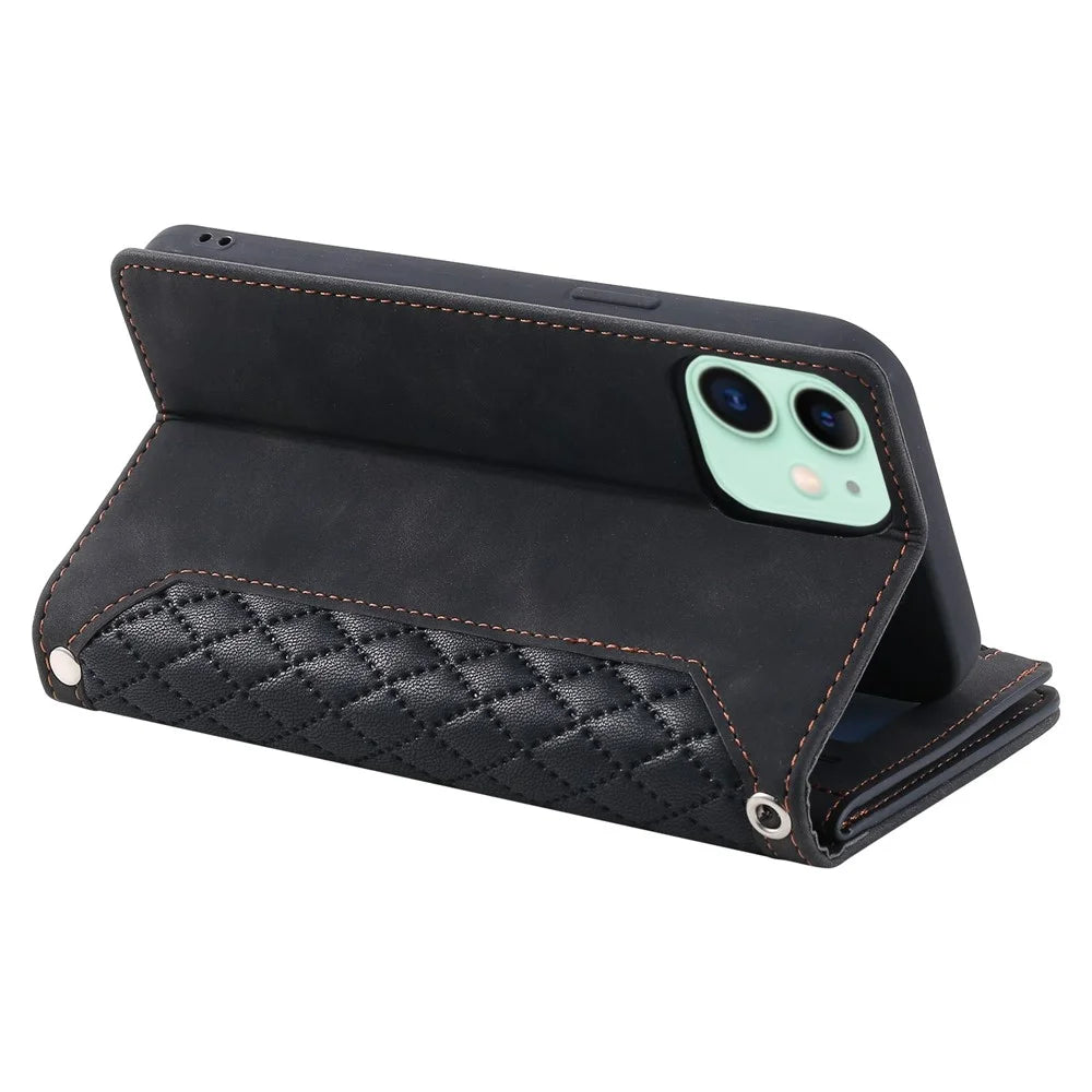 For iPhone 11 6.1 inch 005 Style Drop-proof Rhombus Texture Leather Wallet Cover Stand Zipper Pocket Phone Case with Shoulder Strap and Hand Strap - Black - 3
