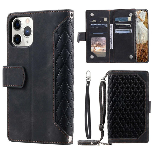 005 Style Drop-proof Phone Case for iPhone 11 Pro Max 6.5 inch, Leather Rhombus Texture Full Body Protection Stand Wallet Cover with Zipper Pocket - Black - 1