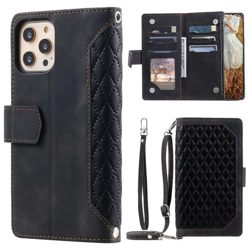 005 Style Anti-scratch Phone Wallet Case for iPhone 12 Pro Max 6.7 inch, Full Protection Rhombus Texture Zipper Pocket PU Leather Mobile Phone Cover Stand with Strap - Black - 1