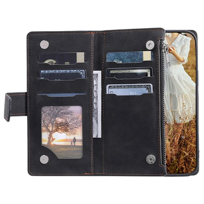 005 Style Anti-drop Phone Case For iPhone 13 Pro 6.1 inch, Scratch-resistant Mobile Phone Wallet Stand Cover Zipper Pocket Rhombus Texture PU Leather Shell with Strap Card Holder - Black - 2