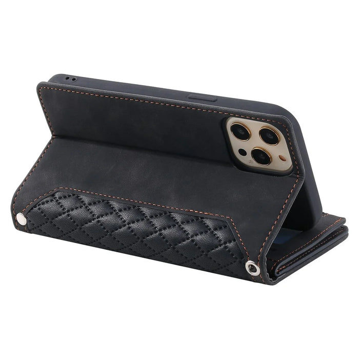005 Style Anti-drop Phone Case For iPhone 13 Pro 6.1 inch, Scratch-resistant Mobile Phone Wallet Stand Cover Zipper Pocket Rhombus Texture PU Leather Shell with Strap Card Holder - Black - 3