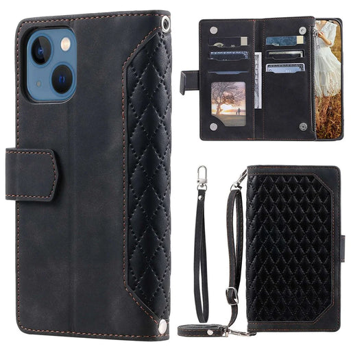 005 Style For iPhone 14 6.1 inch, Shockproof Zipper Pocket Flip Wallet Case Stand PU Leather Rhombus Texture Protective Phone Cover with Strap Card Holder - Black - 1