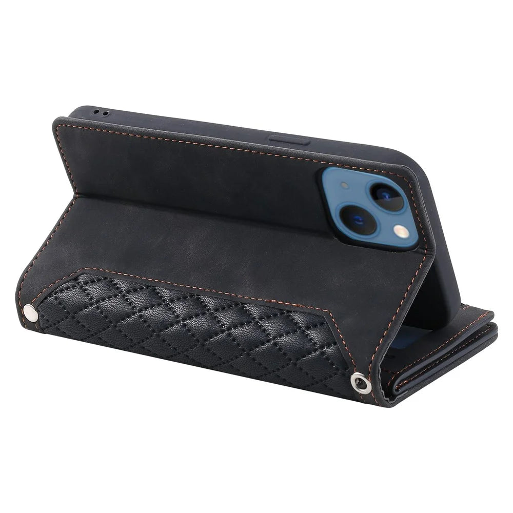 005 Style Phone Wallet Cover For iPhone 14 Plus 6.7 inch , Full Protection PU Leather Rhombus Texture Zipper Pocket Flip Case Stand with Strap Card Holder - Black - 3