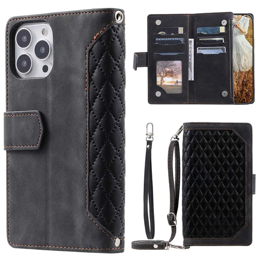 005 Style For iPhone 14 Pro Max 6.7 inch, Drop-proof Phone Flip Wallet Case Stand PU Leather Rhombus Texture Zipper Pocket Anti-scratch Cellphone Cover with Strap - Black - 1