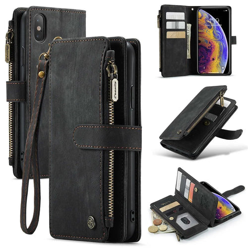 For iPhone XS Max Phone Cases with Strap CASEME C30 Zipper Multiple Card Holder PU Leather Cover - Black - 1