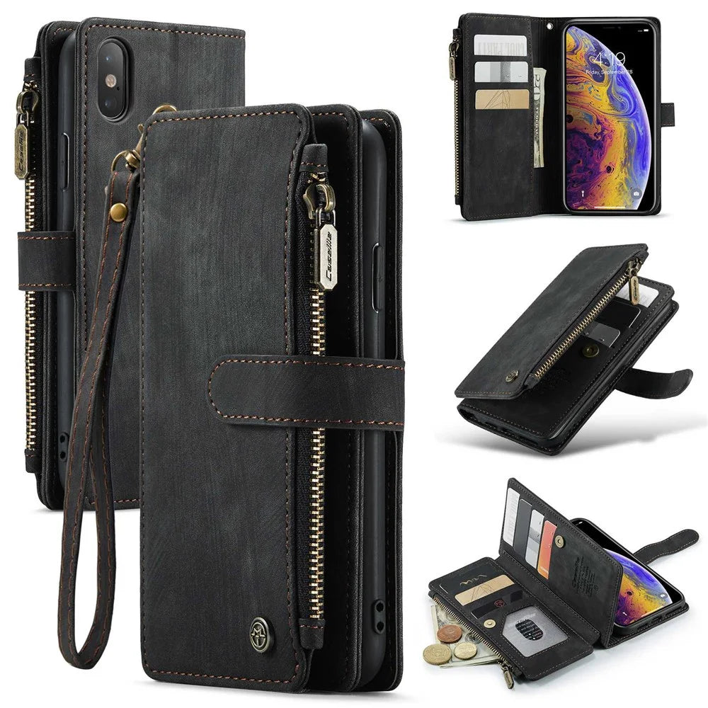 For iPhone XS Max Phone Cases with Strap CASEME C30 Zipper Multiple Card Holder PU Leather Cover - Black - 1
