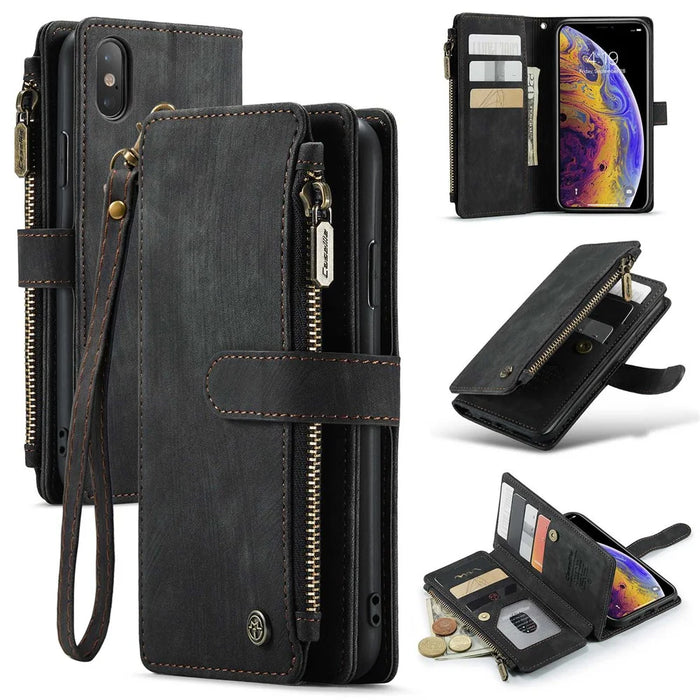For iPhone XS Max Phone Cases with Strap CASEME C30 Zipper Multiple Card Holder PU Leather Cover - Black - 1
