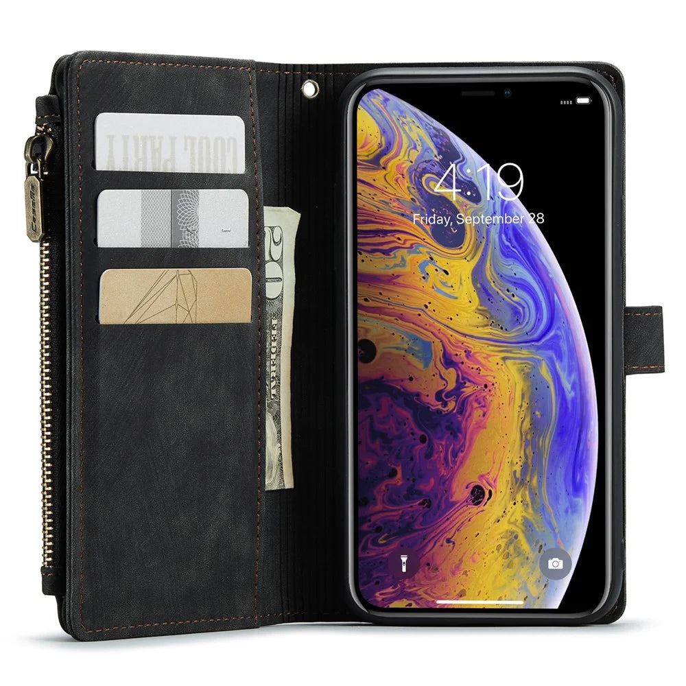 For iPhone XS Max Phone Cases with Strap CASEME C30 Zipper Multiple Card Holder PU Leather Cover - Black - 4