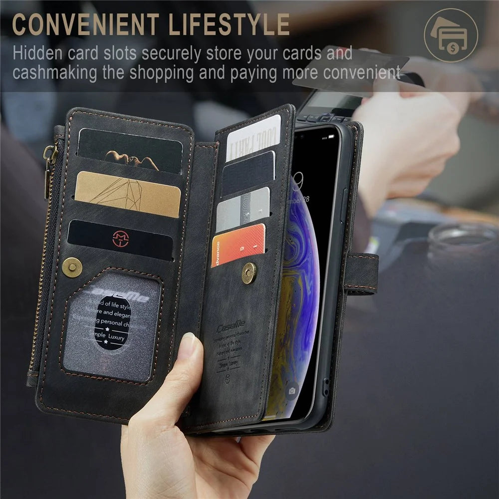 For iPhone XS Max Phone Cases with Strap CASEME C30 Zipper Multiple Card Holder PU Leather Cover - Black - 5