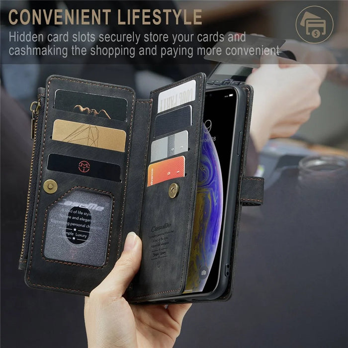 For iPhone XS Max Phone Cases with Strap CASEME C30 Zipper Multiple Card Holder PU Leather Cover - Black - 5