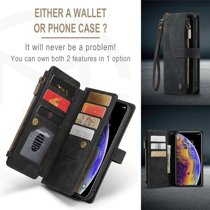 For iPhone XS Max Phone Cases with Strap CASEME C30 Zipper Multiple Card Holder PU Leather Cover - Black - 6