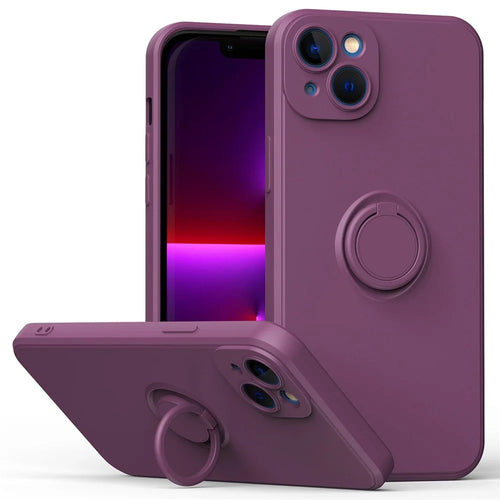 For iPhone 14 Plus 6.7 inch  Ring Holder Kickstand TPU Case Rubberized Soft TPU Cover with Built-in Metal Sheet - Cherry Blossom Purple - 1