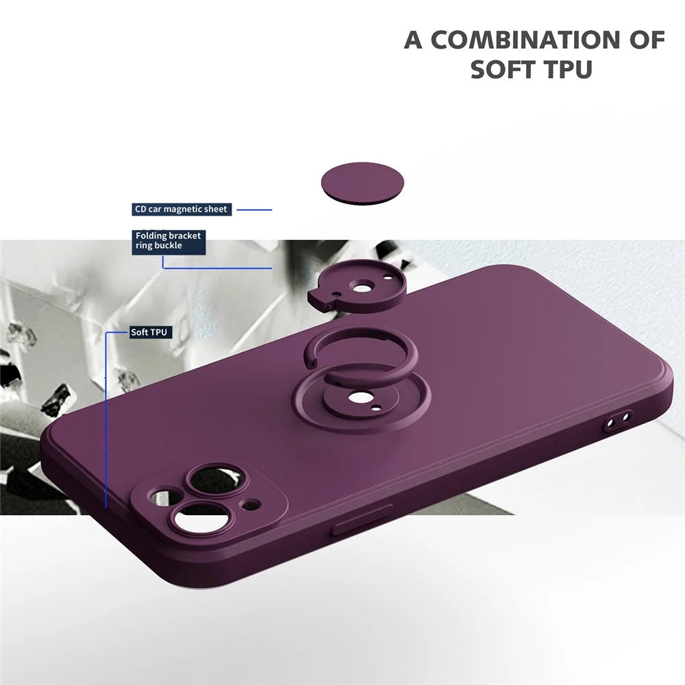 For iPhone 14 Plus 6.7 inch  Ring Holder Kickstand TPU Case Rubberized Soft TPU Cover with Built-in Metal Sheet - Cherry Blossom Purple - 4