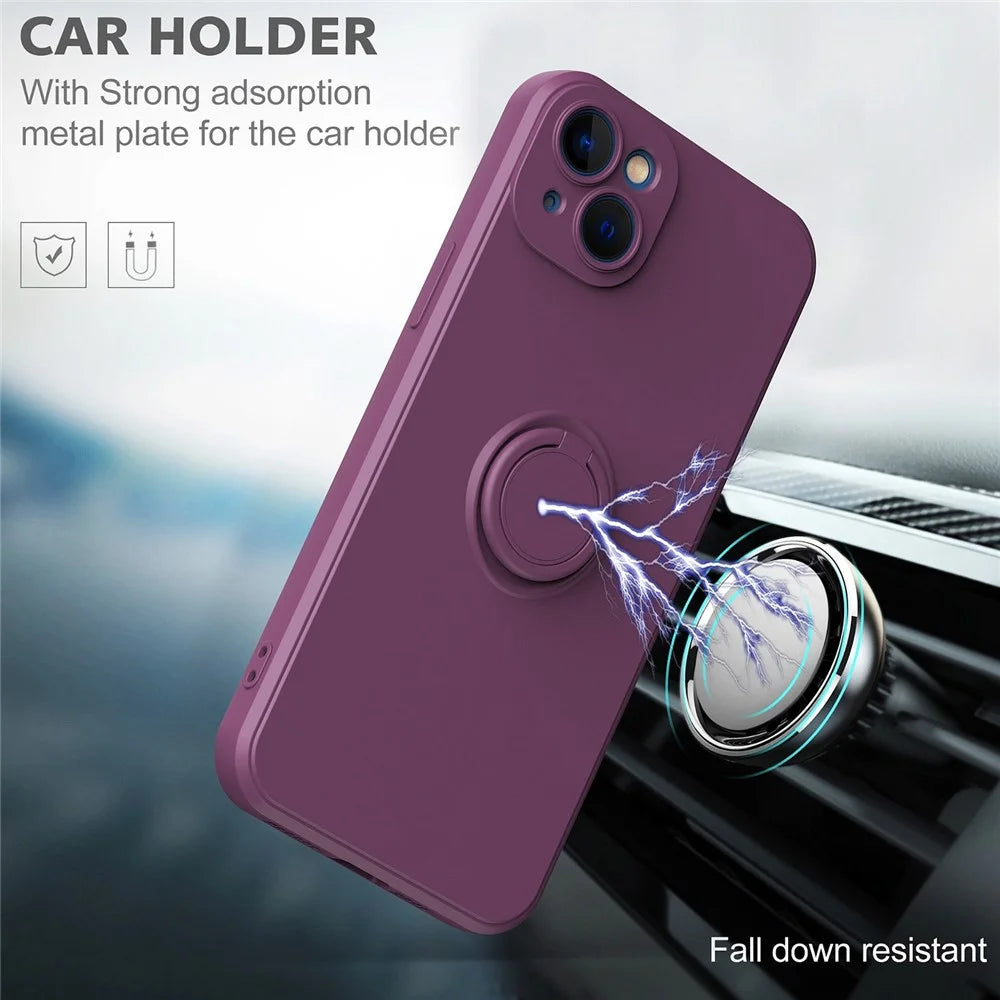 For iPhone 14 Plus 6.7 inch  Ring Holder Kickstand TPU Case Rubberized Soft TPU Cover with Built-in Metal Sheet - Cherry Blossom Purple - 5