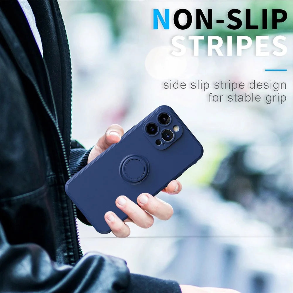 For iPhone 14 Pro 6.1 inch Ring Holder Kickstand Rubberized Phone TPU Case Car Mount Metal Sheet Protective Cover - Blue - 7
