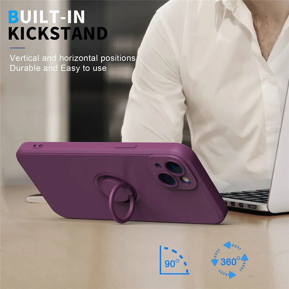 For iPhone 14 6.1 inch Ring Kickstand Phone Case Drop-proof Protection Rubberized TPU Back Cover - Cherry Blossom Purple - 2