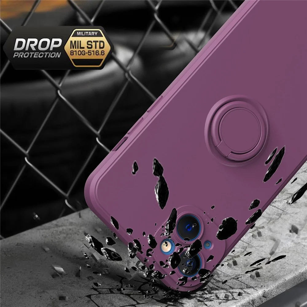 For iPhone 14 6.1 inch Ring Kickstand Phone Case Drop-proof Protection Rubberized TPU Back Cover - Cherry Blossom Purple - 6