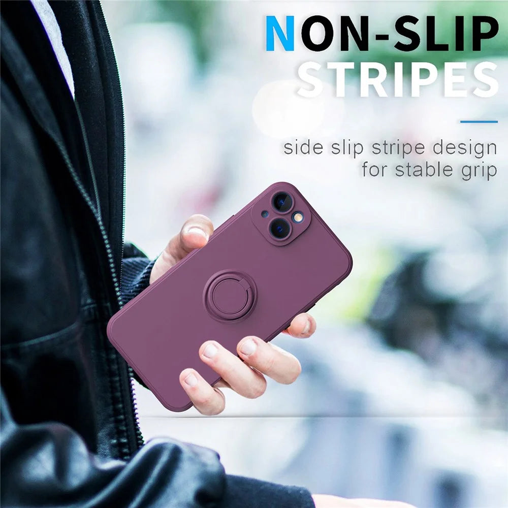 For iPhone 14 6.1 inch Ring Kickstand Phone Case Drop-proof Protection Rubberized TPU Back Cover - Cherry Blossom Purple - 7
