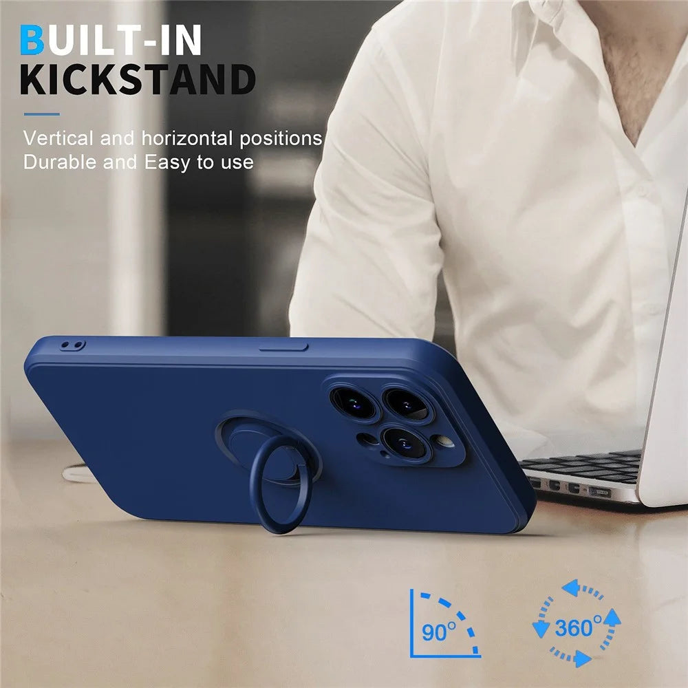 For iPhone 14 Pro Max 6.7 inch Ring Kickstand Rubberized TPU Case Anti-scratch Phone Cover Protector - Blue - 2