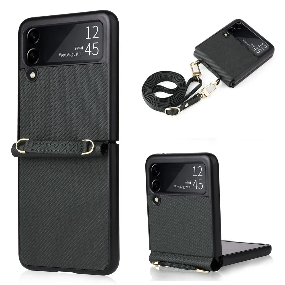 For Samsung Galaxy Z Flip4 5G Carbon Fiber Texture One-Piece Phone Case PU Leather + PC Folding Protective Cover with Long Lanyard - Green - 1
