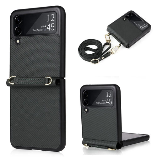 For Samsung Galaxy Z Flip4 5G Carbon Fiber Texture One-Piece Phone Case PU Leather + PC Folding Protective Cover with Long Lanyard - Green - 1