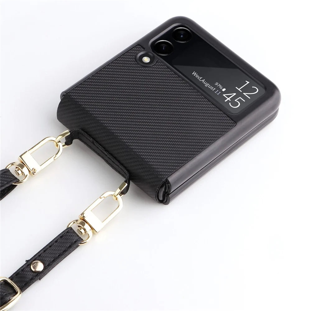 For Samsung Galaxy Z Flip4 5G Carbon Fiber Texture One-Piece Phone Case PU Leather + PC Folding Protective Cover with Long Lanyard - Green - 5