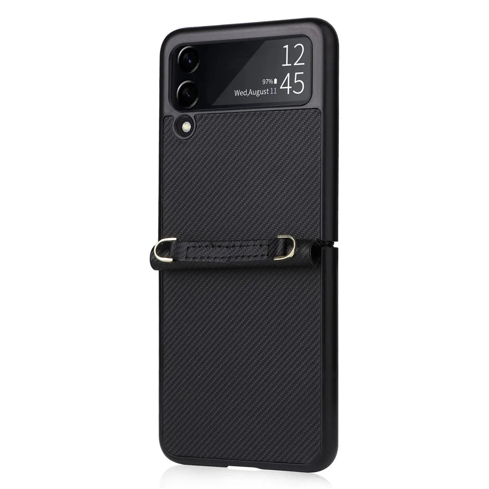 For Samsung Galaxy Z Flip4 5G Carbon Fiber Texture One-Piece Phone Case PU Leather + PC Folding Protective Cover with Long Lanyard - Green - 6