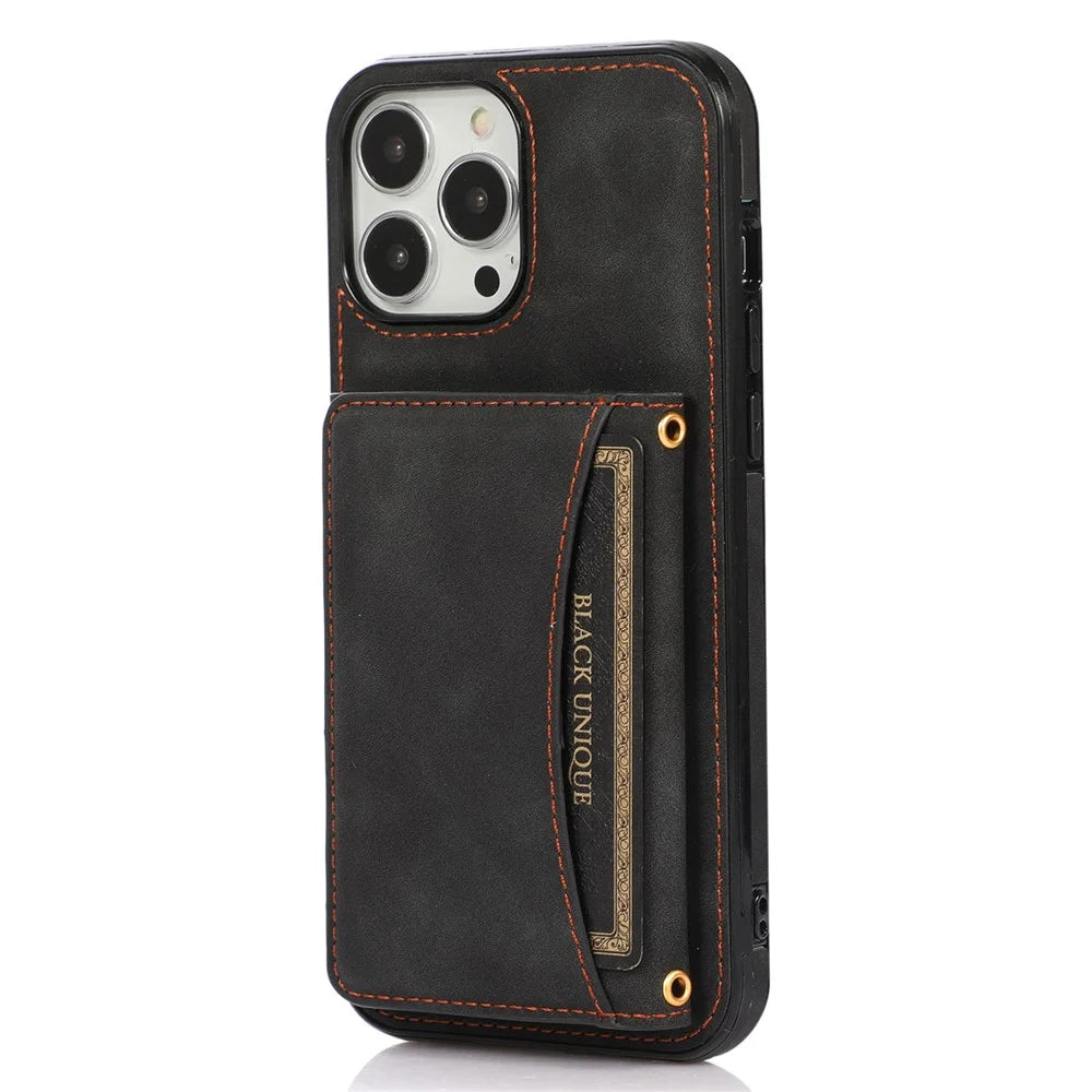 For iPhone 14 6.1 inch Drop-Proof Phone Wallet Case Kickstand Multifunctional Well-Protected Mobile Phone Back Cover Card Holder - Black - 1