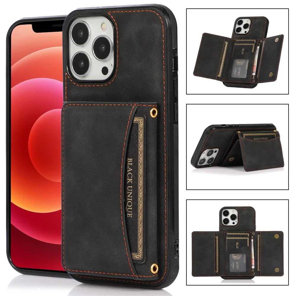For iPhone 14 6.1 inch Drop-Proof Phone Wallet Case Kickstand Multifunctional Well-Protected Mobile Phone Back Cover Card Holder - Black - 2