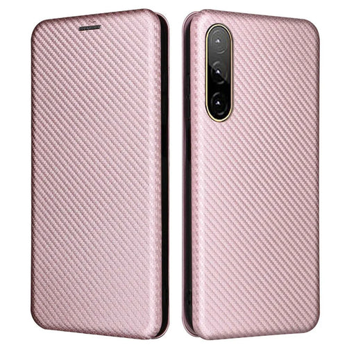 For HTC Desire 22 Pro 5G Card Holder Carbon Fiber Texture PU Leather Case Stand Phone Cover - Rose Gold - 1