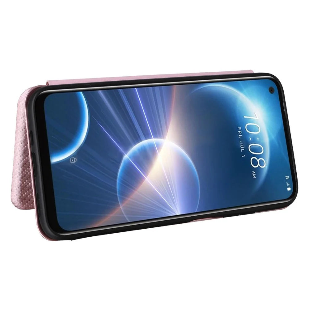For HTC Desire 22 Pro 5G Card Holder Carbon Fiber Texture PU Leather Case Stand Phone Cover - Rose Gold - 2