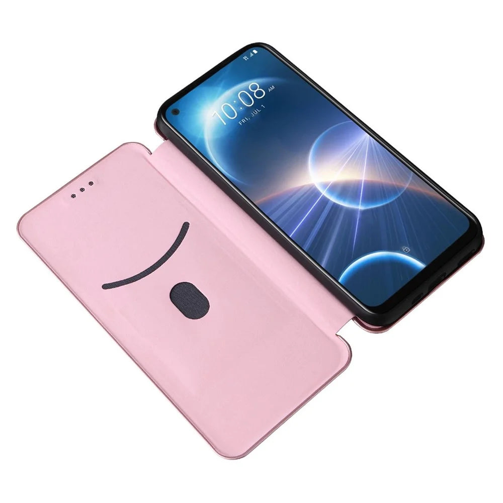 For HTC Desire 22 Pro 5G Card Holder Carbon Fiber Texture PU Leather Case Stand Phone Cover - Rose Gold - 3