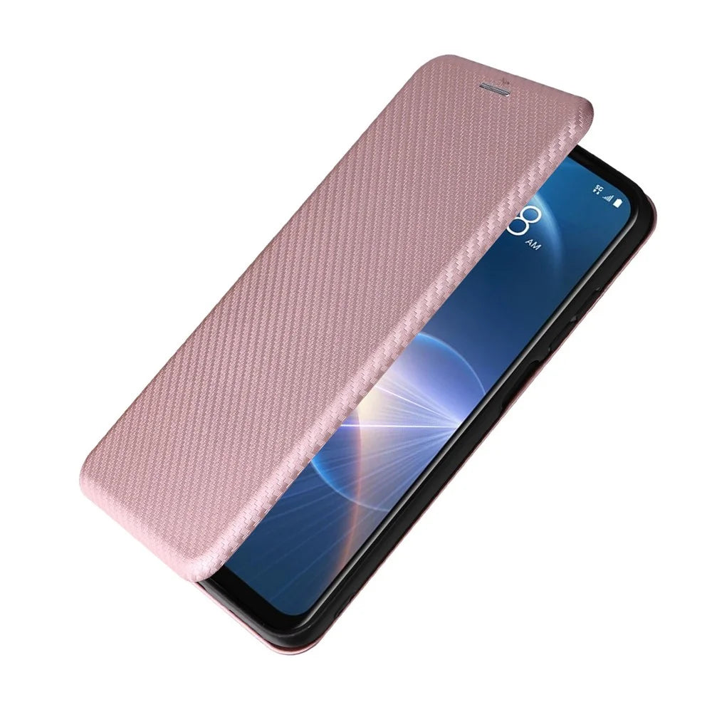 For HTC Desire 22 Pro 5G Card Holder Carbon Fiber Texture PU Leather Case Stand Phone Cover - Rose Gold - 4