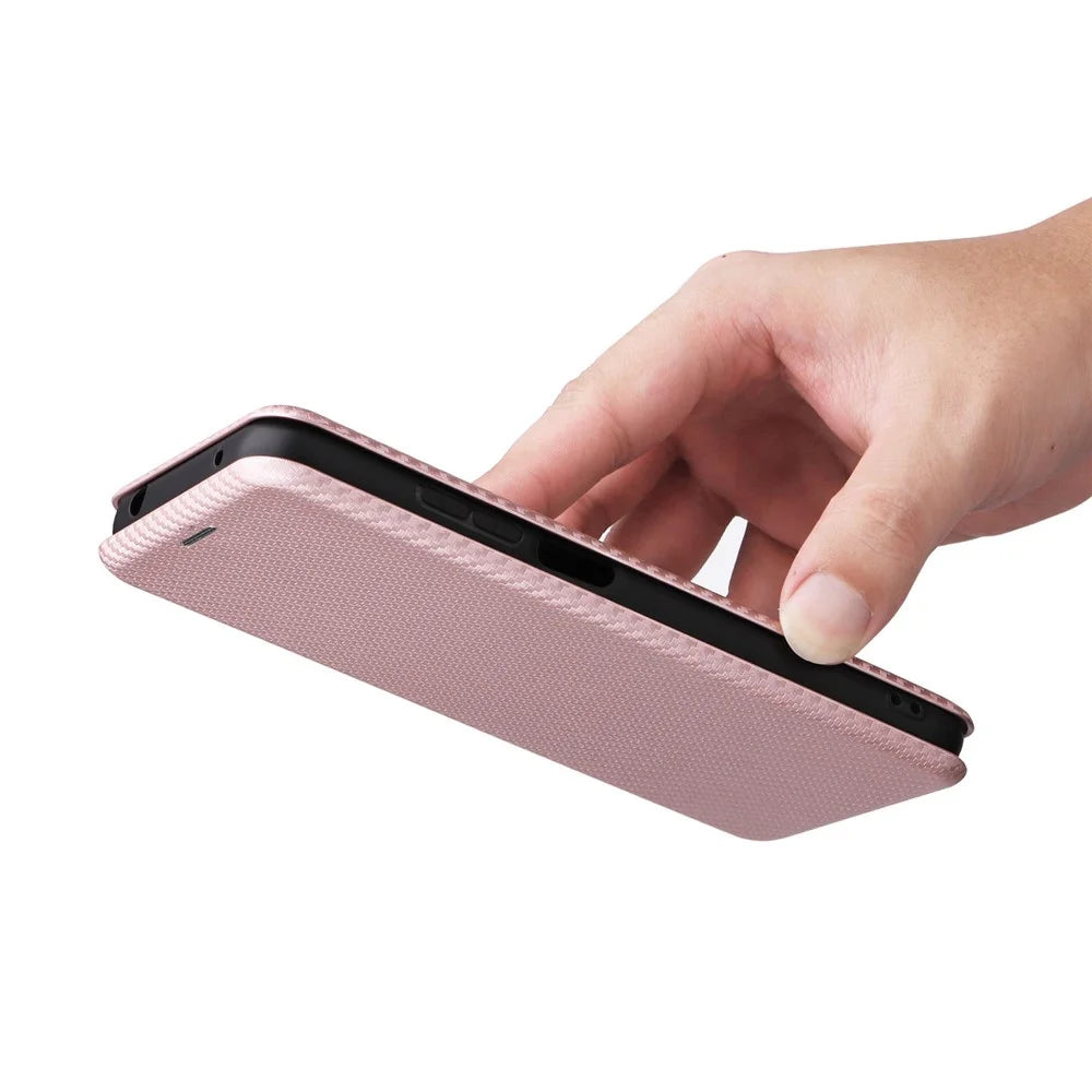 For HTC Desire 22 Pro 5G Card Holder Carbon Fiber Texture PU Leather Case Stand Phone Cover - Rose Gold - 7