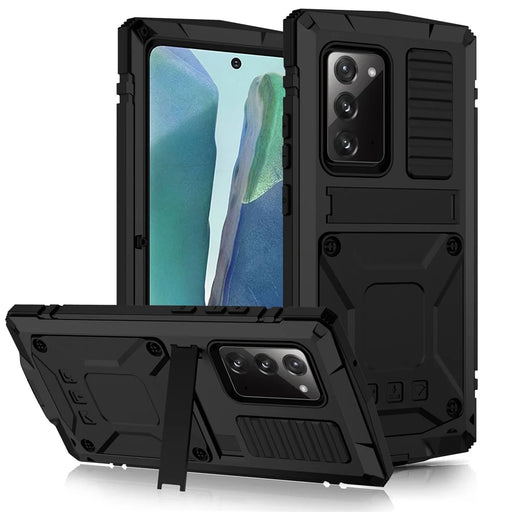 R-JUST For Samsung Galaxy Note20 4G / 5G Dust-proof Phone Case Metal + Silicone + PC Kickstand Anti-fall Anti-wear Cover with Tempered Glass Film - Black - 1