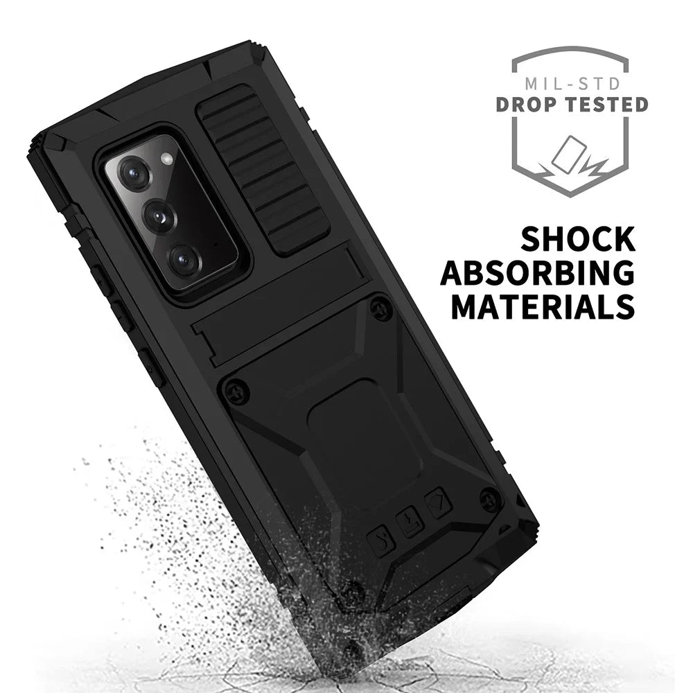 R-JUST For Samsung Galaxy Note20 4G / 5G Dust-proof Phone Case Metal + Silicone + PC Kickstand Anti-fall Anti-wear Cover with Tempered Glass Film - Black - 2